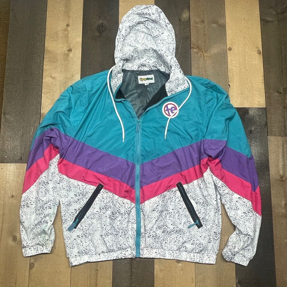 Tipsy Elves Ski Suit / Snow Suit Size M 90s Teal Pink Colorblock Windsuit Hooded